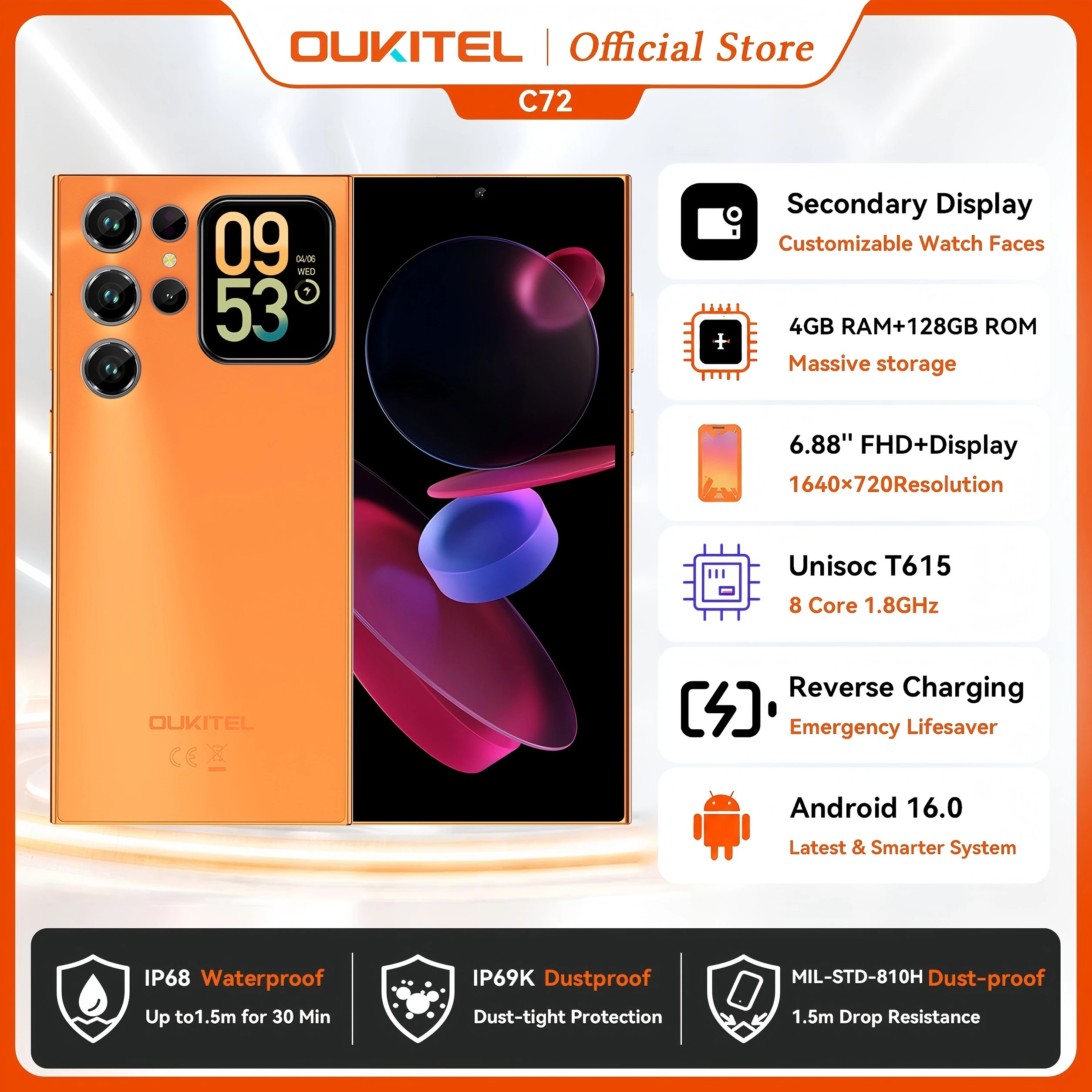 OUKITEL C72 Dual Screen Phone, 16GB RAM 128GB ROM