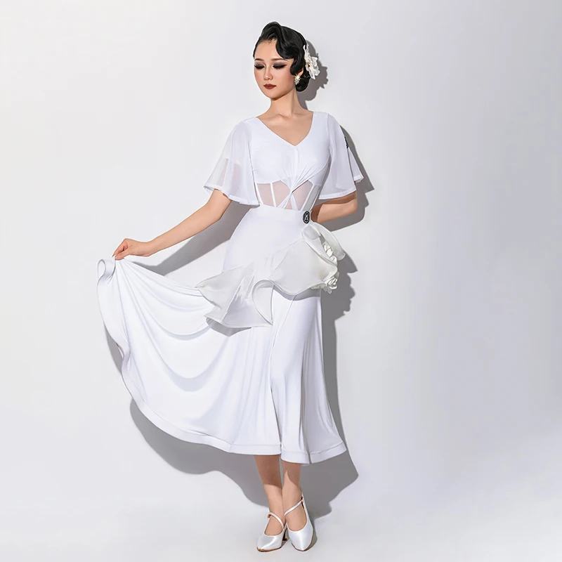 

Платье для танцевальной практики национального стандарта 2025 года, сетчатое платье с v-образным вырезом, большие распашные юбки, костюм для вальса, одежда для бальных танцев для женщин, DN21566