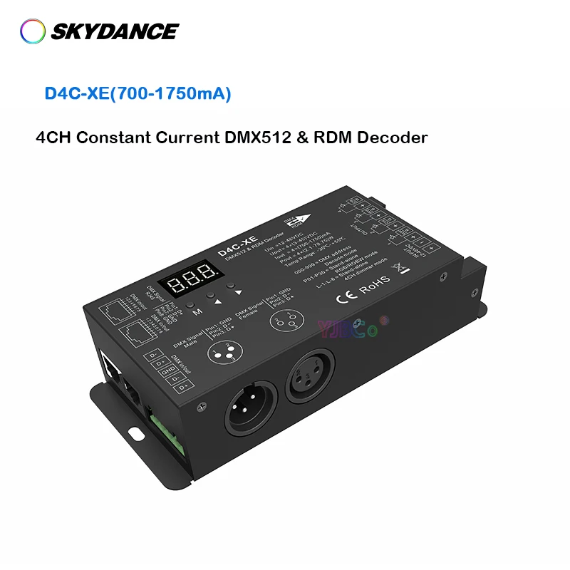 

Skydance 12V-48V 24V RGB/RGBW 4 Channel DMX 512 Decoder 700-1750mA Constant Current RDM DMX signal controller 7 PWM RJ45 dimmer