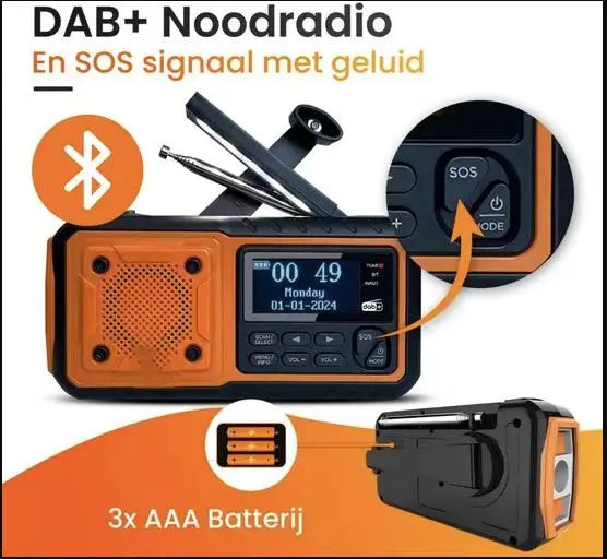 Handaangedreven radio DAB+/DAB FM noodradio met handaangedreven batterij, zonne-energie radio met wekker, handaangedreven noodvoorziening bij stroomuitval