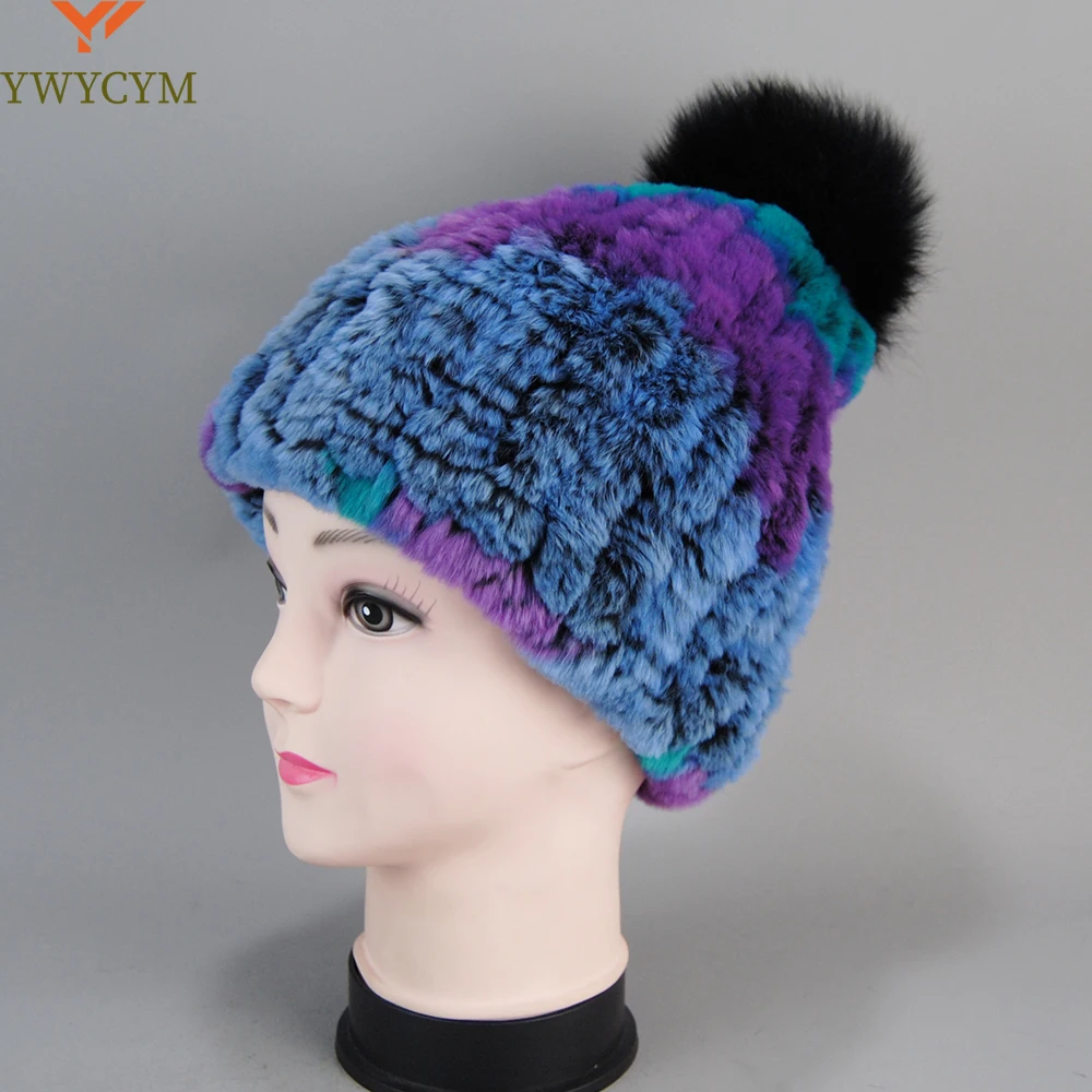 

New Winter Natural Real Rex Rabbit Fur Hat Women Elasitc Warm Hand Knitted Real Rex Rabbit Fur Caps Fox Fur Pompoms Beanies Cap