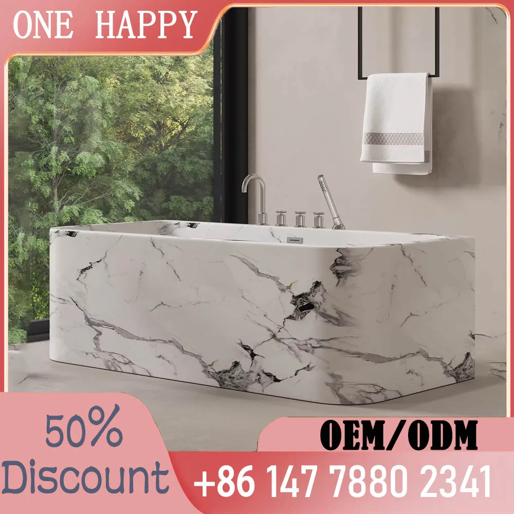 Freestanding Artificial Stone Bathtub Marble Texture One Piece Molding Heat Preservation Anti Yellowing For Bathroom Hotel Villa