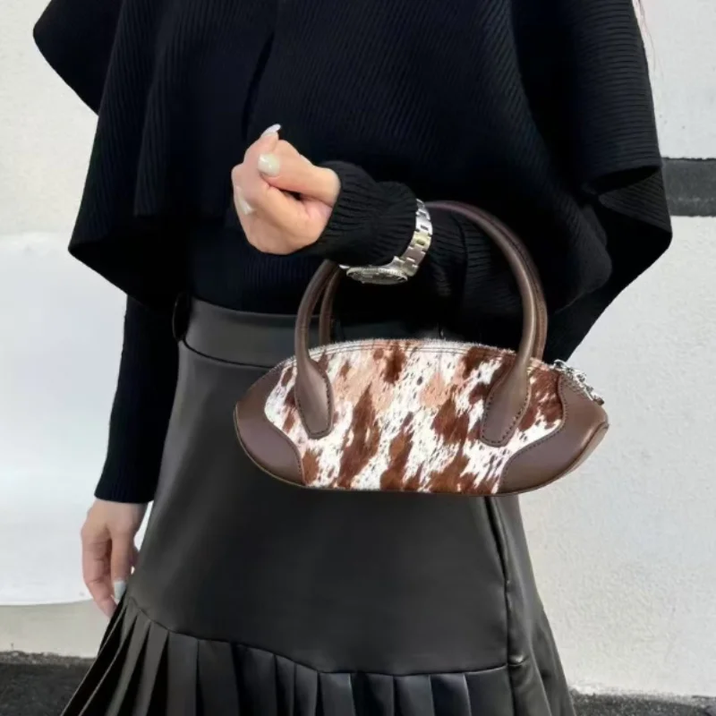 Women‘s Genuine Leather Bowling Bag Senior Sense Retro Handbag Splicing Design Shoulder Exquisite Zipper Evening Crossbody Bag
