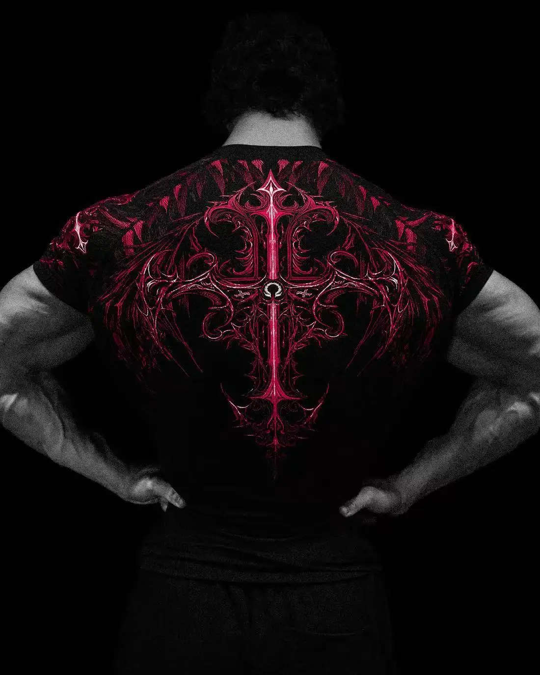 Men Quick Dry Compression Tee Gothic Red Cross Wings Back Print Gym Bodybuilding Workout Short Sleeve Sports Shirt