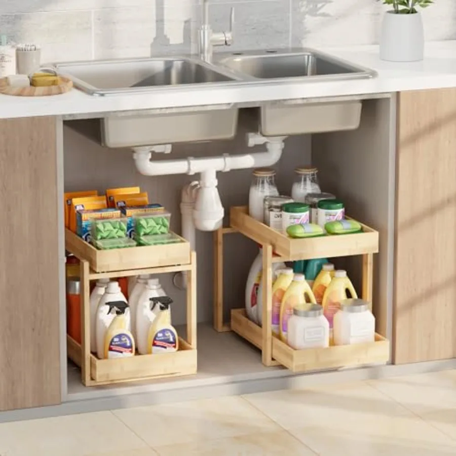 

Under Sink Organizer Bamboo Wooden -Tier Pull-Out Storage with Sliding Drawers for Kitchen and Bathroom Cabinets Easy Installat