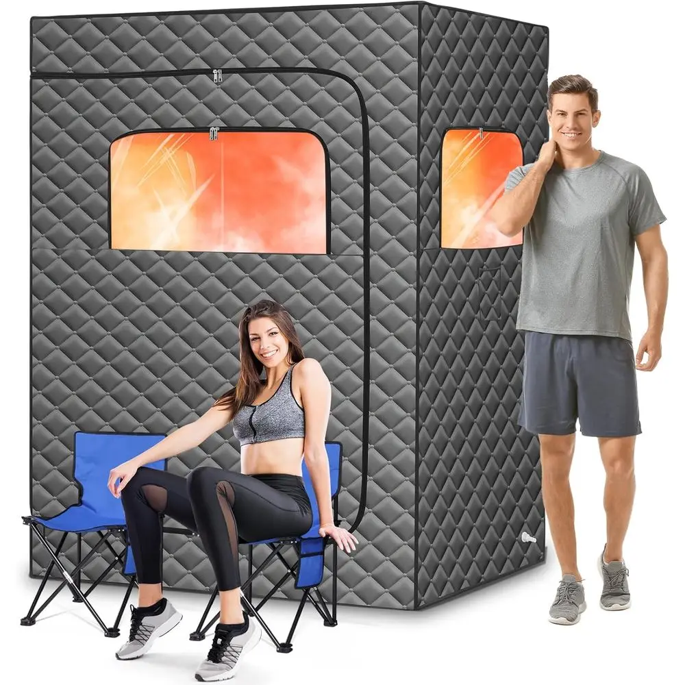 Portable 2-Person Sauna with 1000W Steam Generator, 2.6L Capacity, 99-Minute Timer, Dual Seating, Remote Control (Grey)
