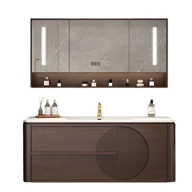 

New Chinese style, wall mounted, oak, bathroom cabinet, ceramic integrated basin, toilet, splash proof, sink