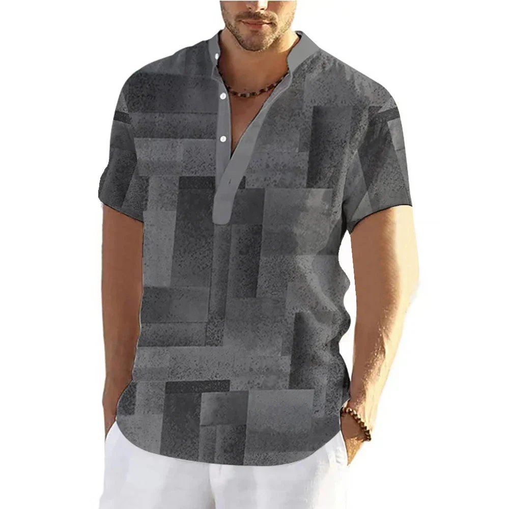 

Square Print Plus Size Shirt Hot Selling Men's Short Sleeved Shirt Summer Stand Up Collar Casual Vacation Style Top WG14