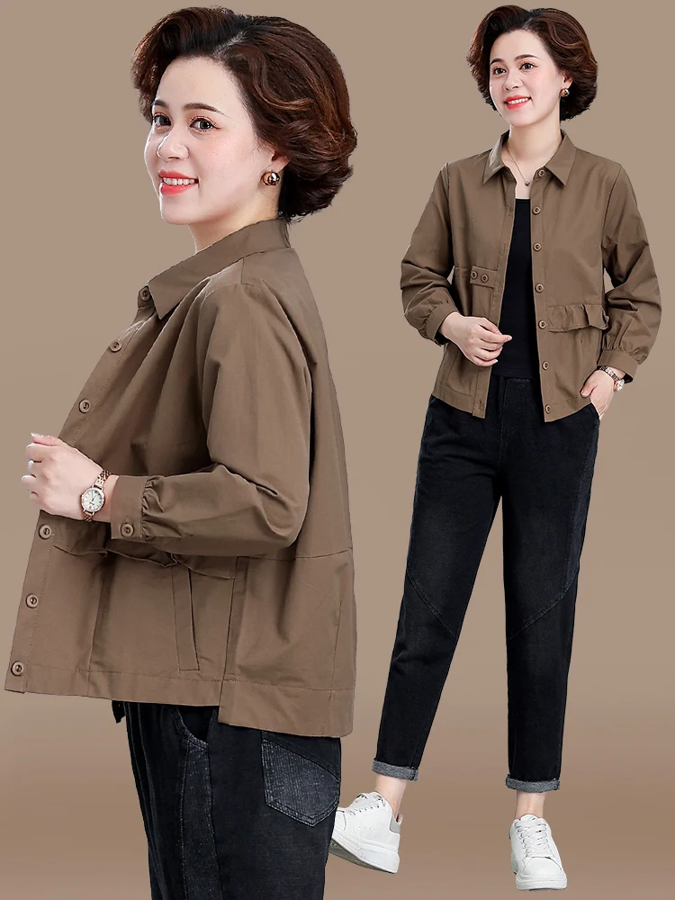 

Spring Faion Outerwear Thin Sle Middle-Aged Mom Clothes ort Sve Collar Pure Color Korean Sle Women's Jaet