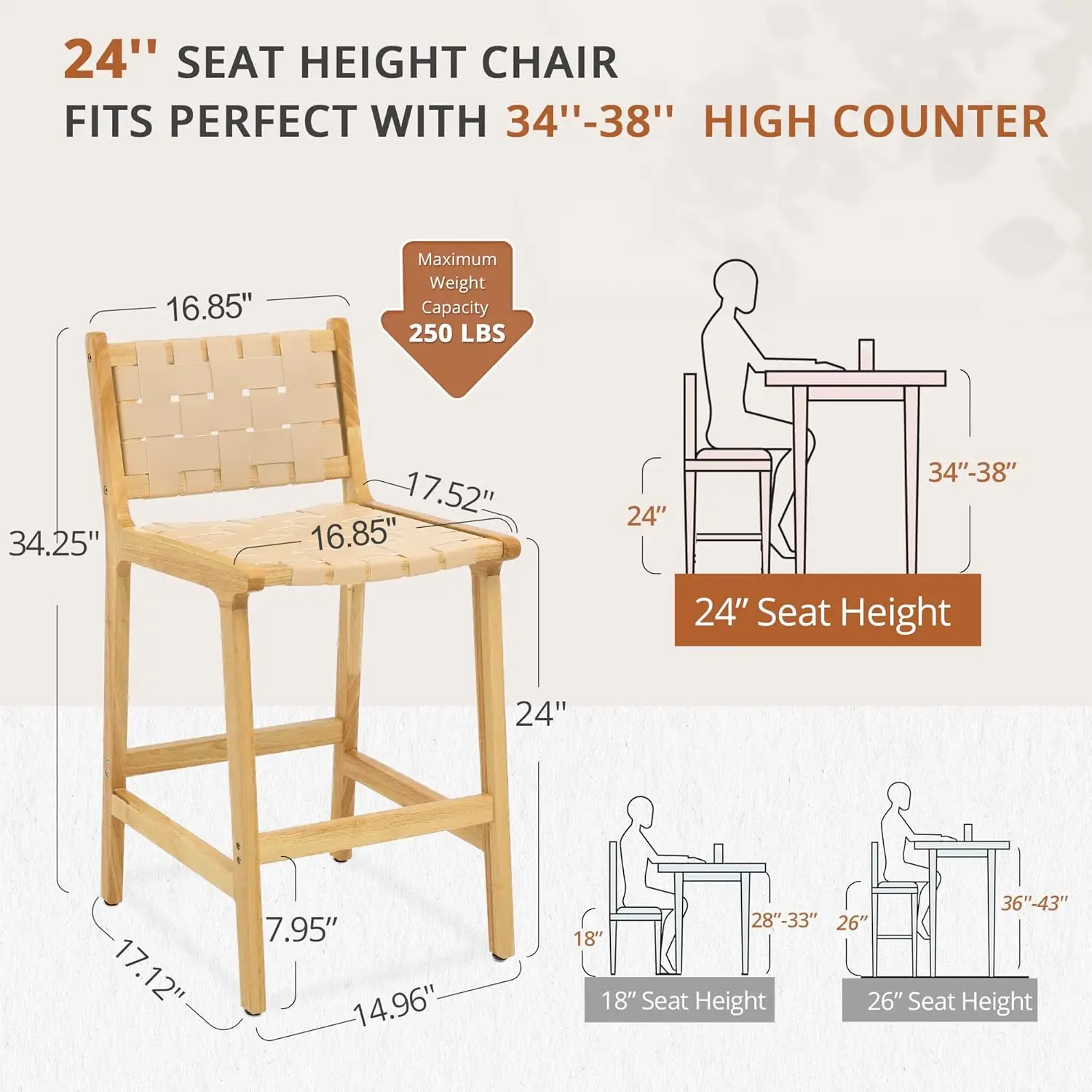 Barhocker in Thekenhöhe, 61 cm, 4er-Set, gewebter Thekenhocker aus Kunstleder mit Rückenlehnen, gewebte Streifen, Rattan-Barhocker mit Holzbeinen