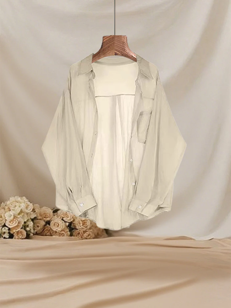 

Женская повседневная легкая рубашка больших размеров с длинным рукавом для защиты от солнца, желтовато-персикового цвета, тонкая куртка-накидка с дизайнерским принтом