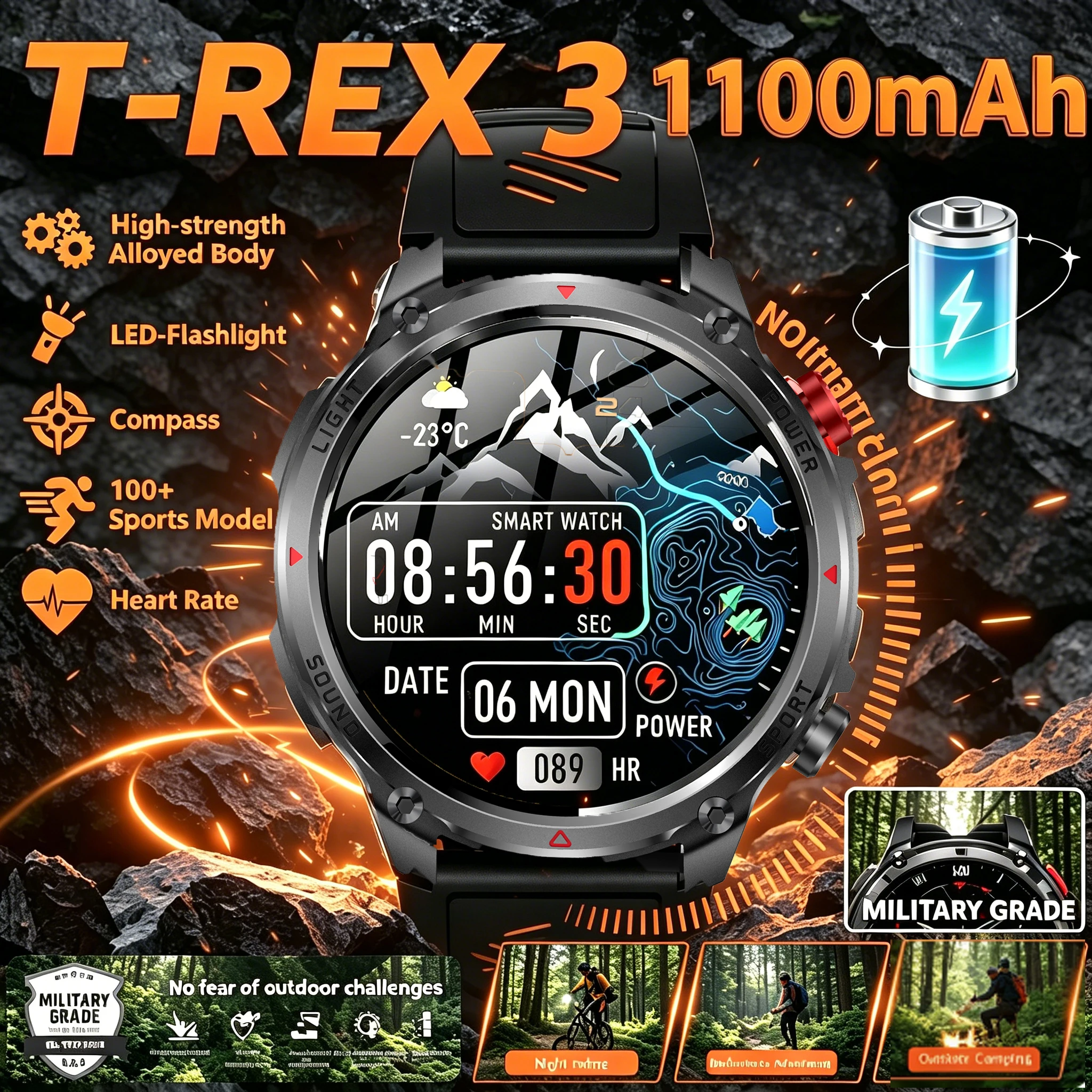 2026 New T-Rex3 Pro GPS Tracker 1100mAh Smartwatch Men 120-Day Standby Clock Rugged Outdoor Sport 10ATM Waterproof Call Watches