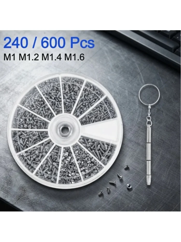 240/600 Stück Brillen- und Sonnenbrillen-Reparaturschrauben und -muttern M1 M1.2 M1.4 M1.6 für Uhren, Brillen, Handy-Reparatur, Tornillos Zubehör