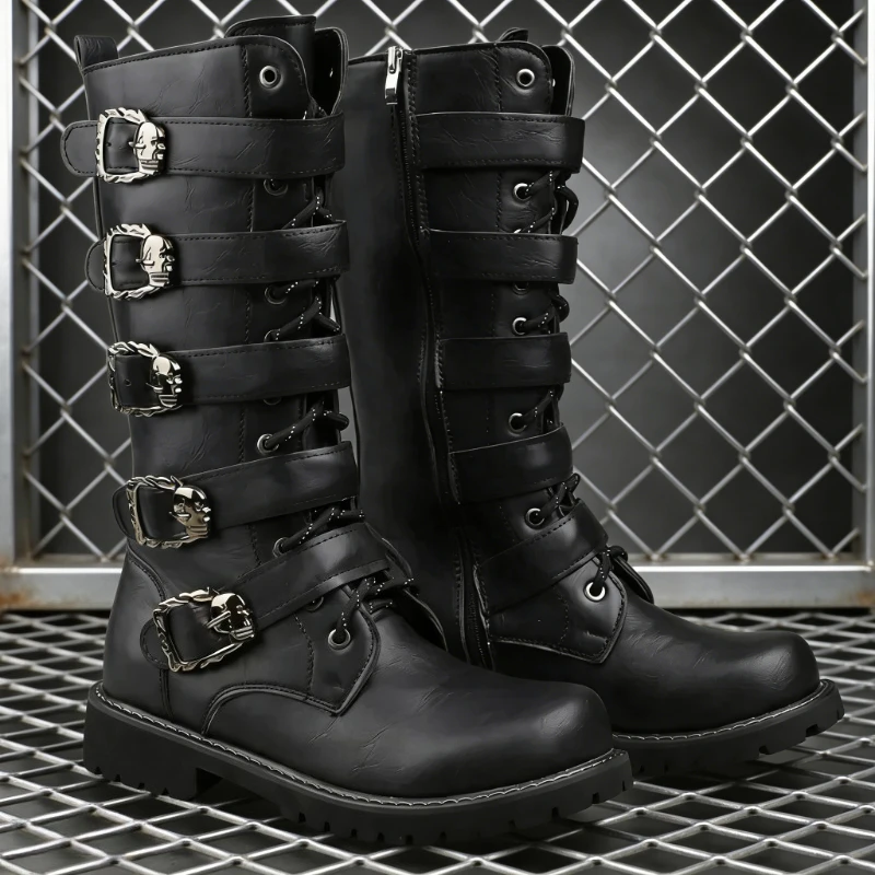 

Punk Style Winter Men Fashion Motorcycle Boots Mid-calf Gothic Buckle Men's Leather Boots Casual Shoes