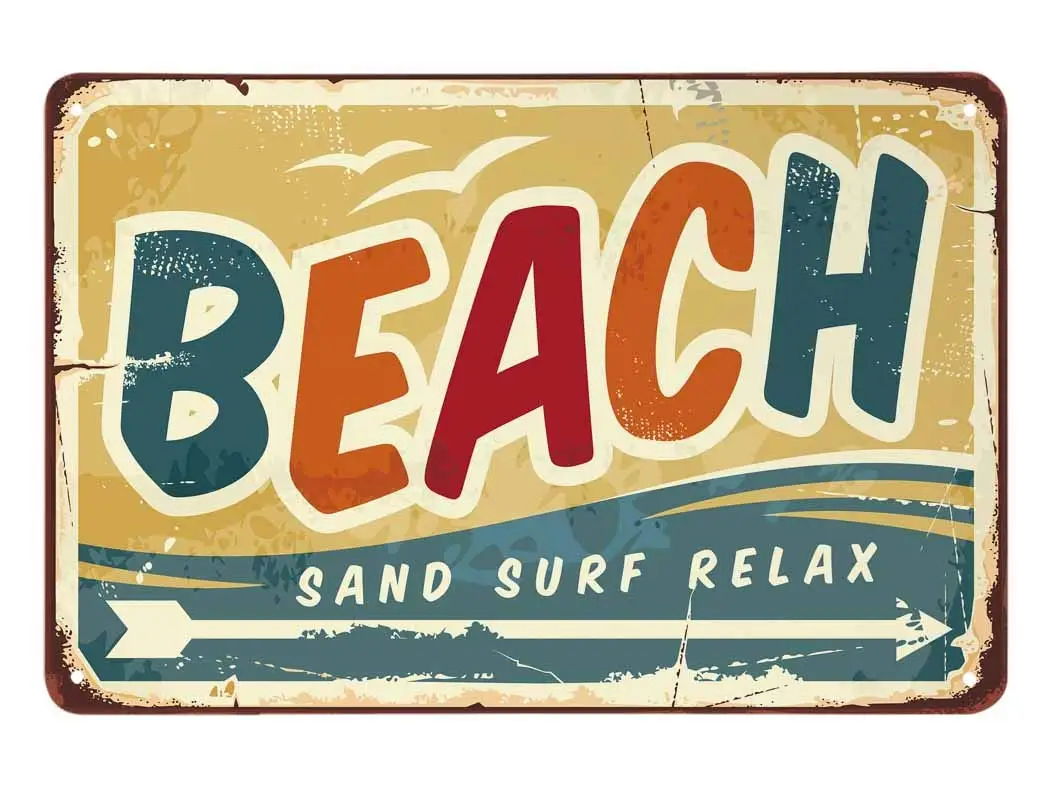  Beach Tin Sign,Wave Bird Fly Ocean Fun Arrow Sand Surf Relax Vintage Metal Tin Signs for Cafes Bars Pubs Shop Wall Decorative F