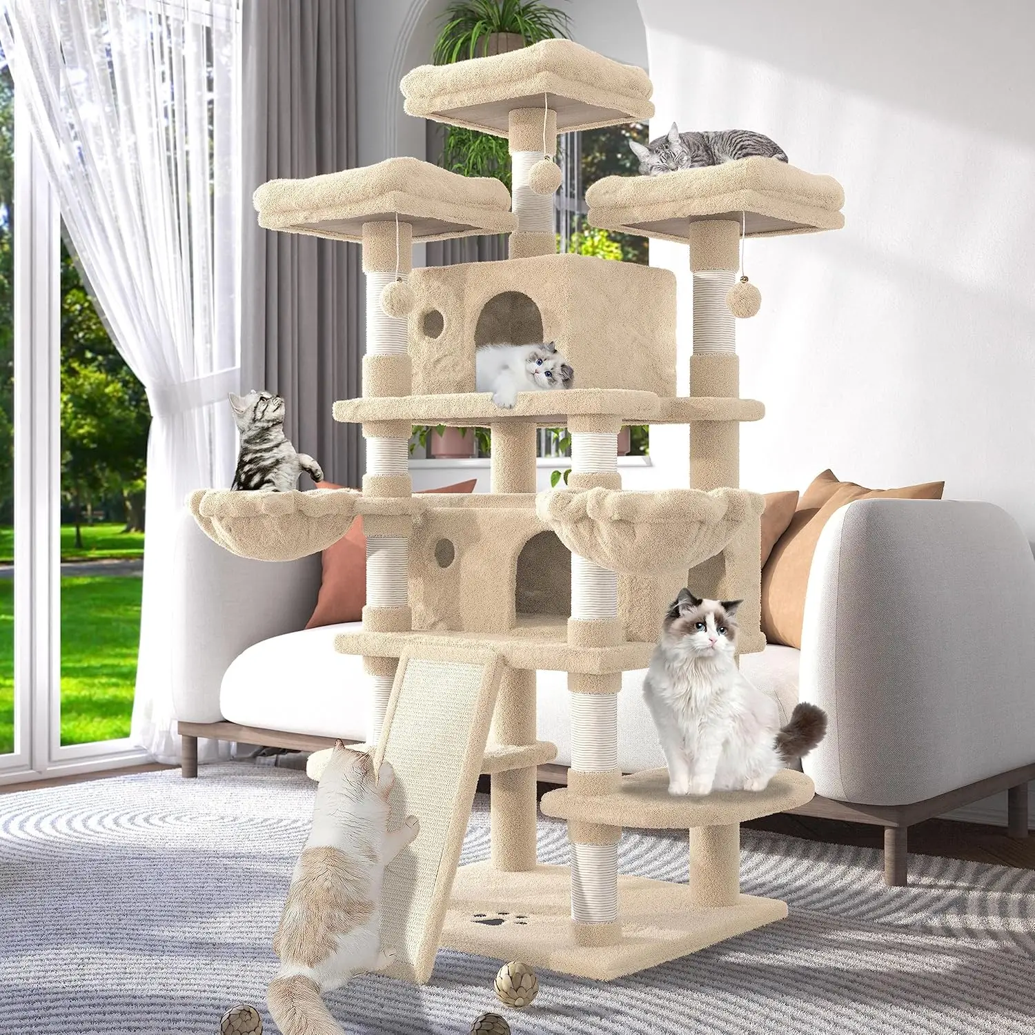 WEEWAY 68 Inches Multi-Level Large Tree for Cats Big Tower Cat Condo Cozy Plush Cat Perches/Fluffy Balls Sisal