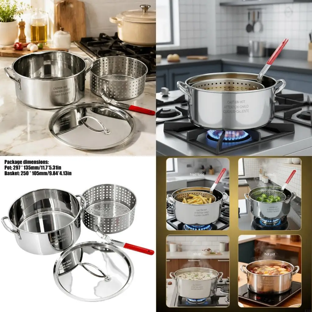 Deep Frying Pot 10-Quart Outdoor Fish Fryers Pot Set with 8-Quart Perforated Basket and Lid for Open-Flame Cooking, KXRE