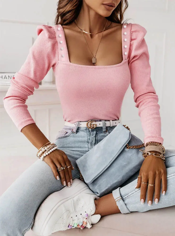 Sexy Ladies Slim Top Fashion Square Collar Order Beads Long Sleeve T Shirt Blouse Autumn Women Streetwear Elegant Blusas 2024