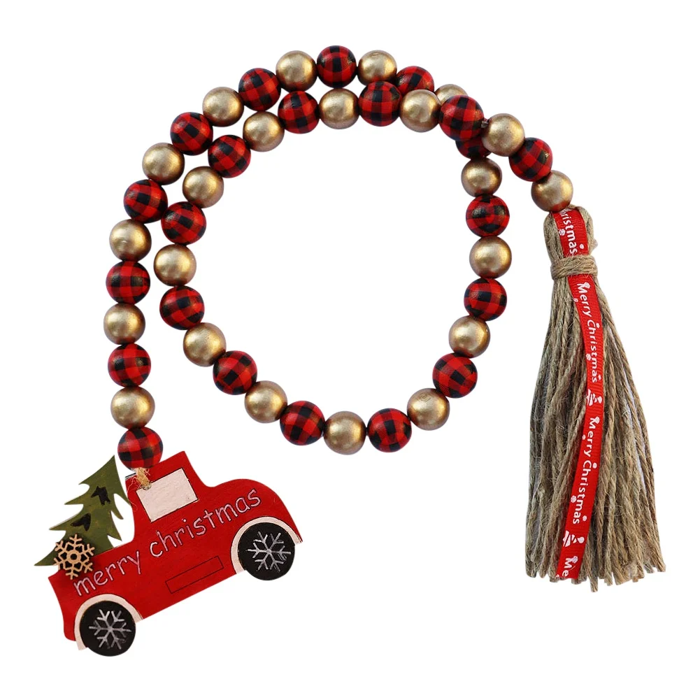 Christmas Wood Beads Garland With Wooden Snowflake Car Pendant Xmas Green Red Wood Bead Garland Tassel Rustic Farmhouse Decor