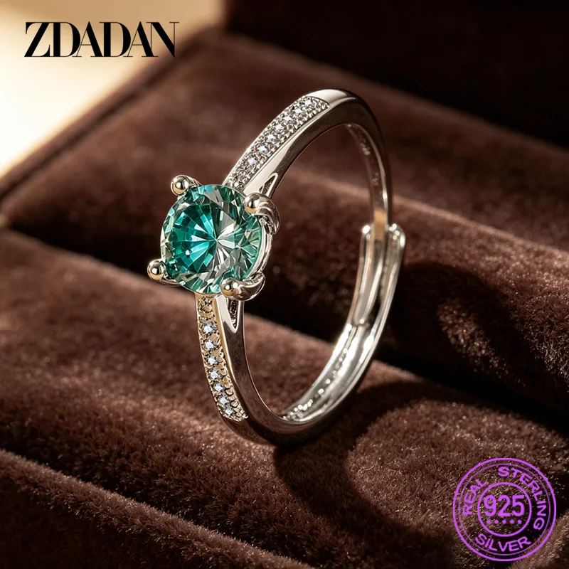 ZDADAN 925 Sterling Silver Round Green Zircon Open Adjustable Rings For Women Fashion Jewelry Gifts
