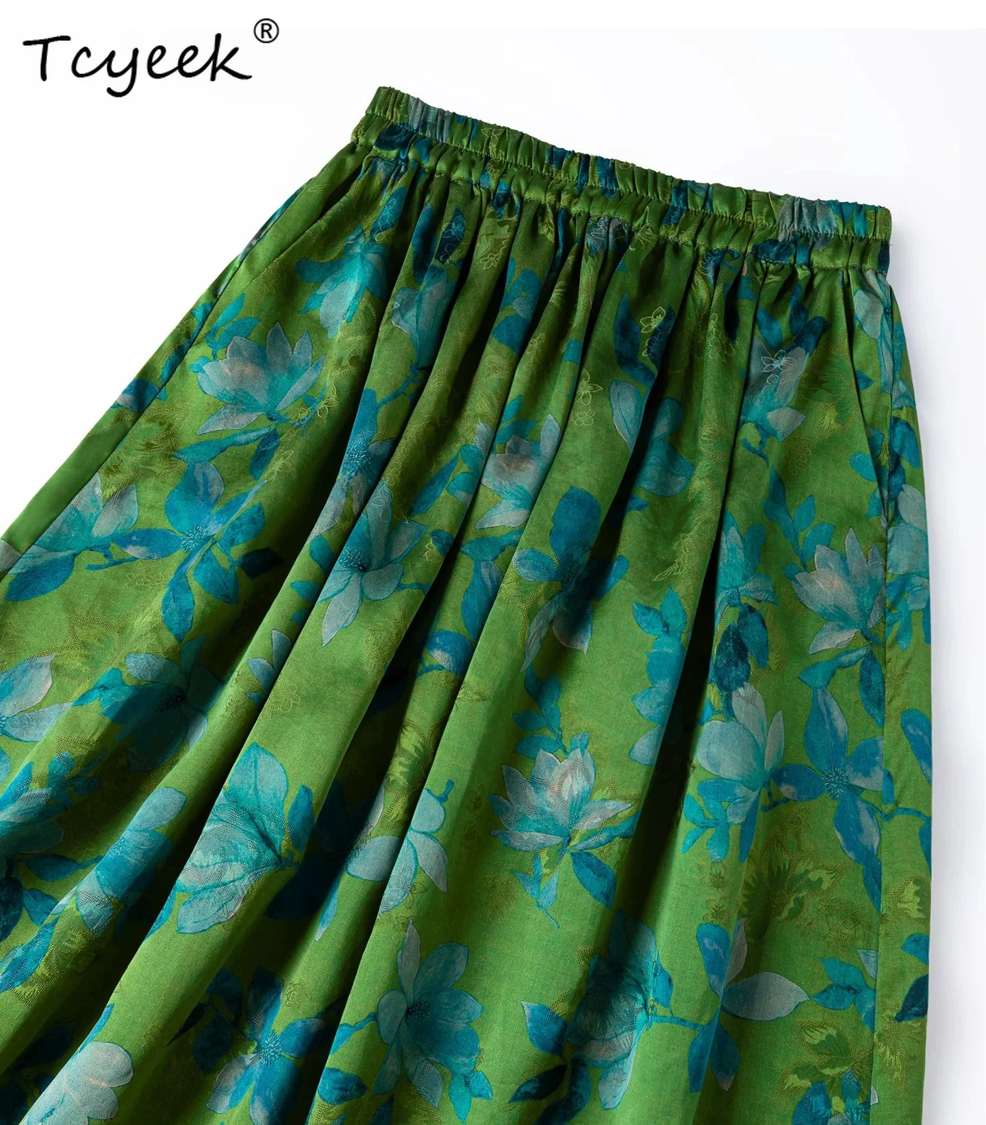 Tcyeek 100% Natural Mulberry Silk Womens Skirts Elegant Skirt Women Fashion Summer Clothes Jacquard Beach Skirt Elastic Waist
