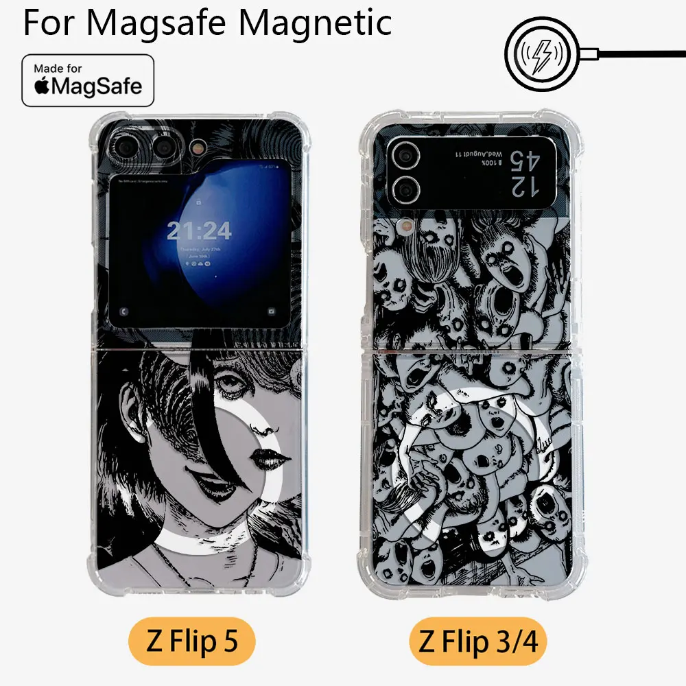 Anime Junji Ito Terror Horror Magsafe Magnetic Phone Case for Samsung Galaxy Z Flip 3 4 Z Flip 5 6 Z 5G Soft Transparent Cover