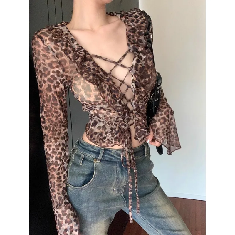 

American Retro Leopard Print Sexy Slim Mesh Long-sleeved Shirt Women 2024 Summer New V-neck Lace Up Pleated Casual Crop Tops