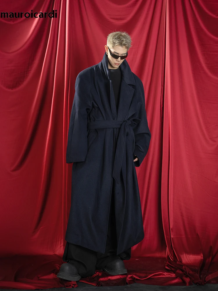 Mauroicardi Autumn Winter Oversized Extra Long Warm Navy Blue Wool Blends Coat Men Loose Luxury Designer Woolen Overcoat 2024