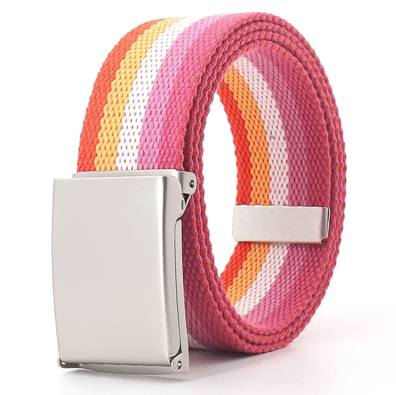 120cm Colorful Stripes Canvas Belt for  Women Jeans Waistband Adjustable Belt Men Outdoor Travel - Metal Buckle Belt