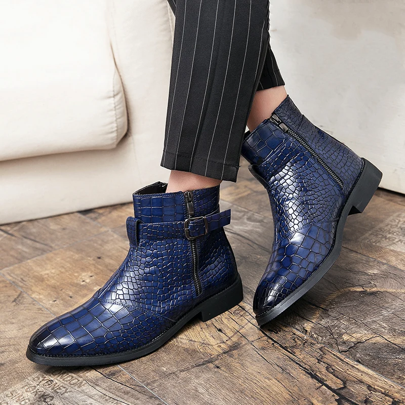 Ankle Boots for Men Blue Black Business Round Toe Zipper Pu Mens Boots Free Shipping Size 38-48  Motorcycle Boots