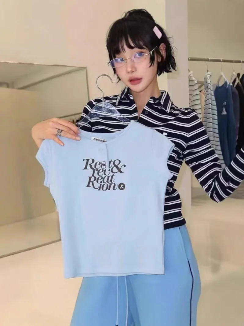 Summer Japanese and Korean fashion casual cotton women's top, short-sleeved T-shirt, letter print slim short RR clothing