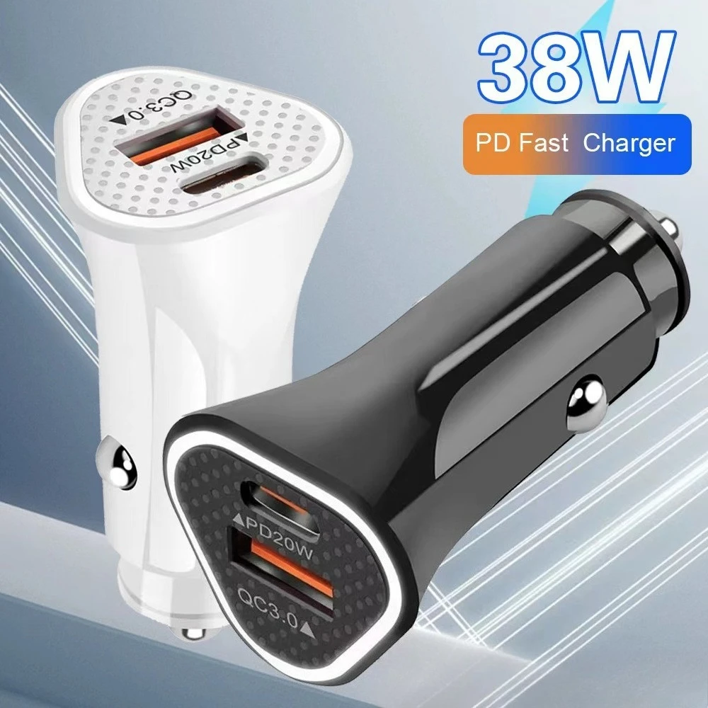 

38W 2 Port Mini Car Charger with PD20W QC3.0 Super Fast Charging USB car Cigarette Lighter Adapter for iphone/huawei/summng/oppo