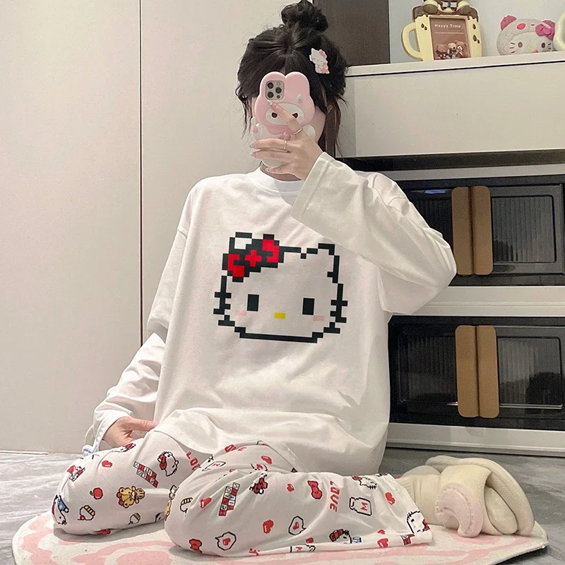 Sanrio Kulomi pajamas autumn women's pure cotton long-sleeved trousers cartoon casual silk pajamas women's HelloKitty loungewear