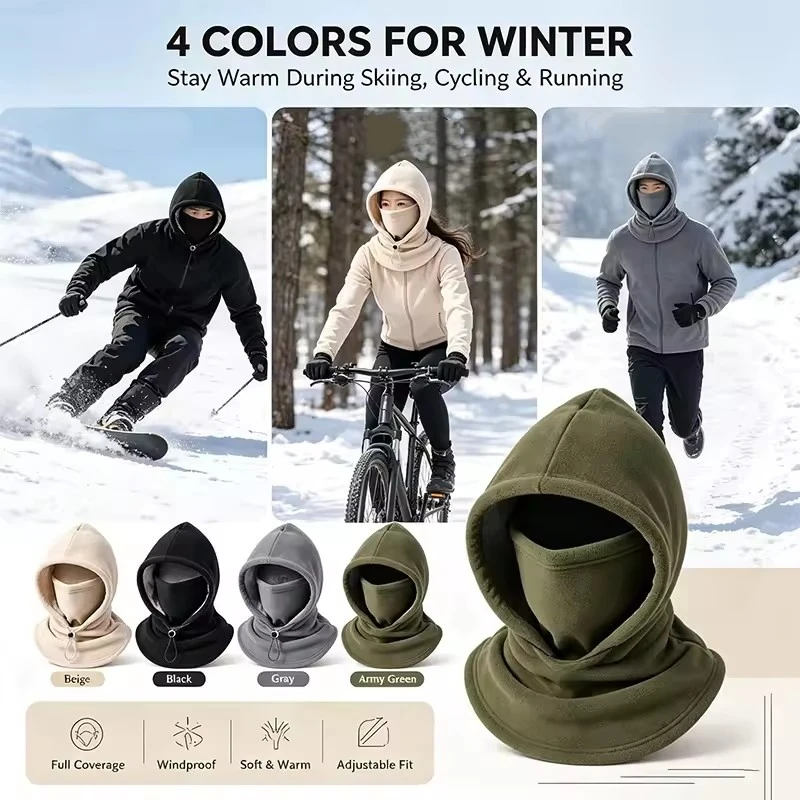 Double Layer Fleece Hooded Mask Hat Winter Men One Piece Balaclava 3-in-1 Full Face Cover Warm Windproof Face Ear & Neck Cover