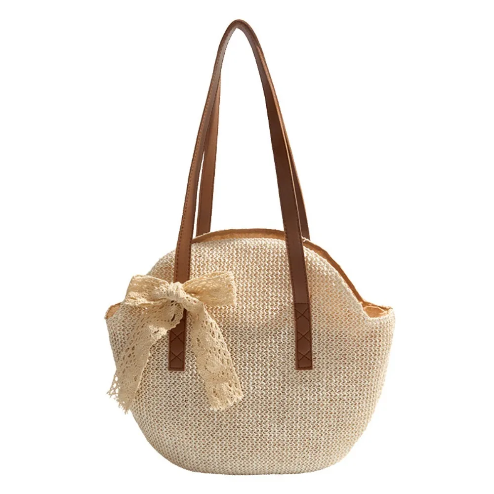 Sweet Straw Woven Tote Bag with Bow Ribbon Khaki Commuting Shoulder Bag Beige Polyester Seaside Vacation Handbag Summer