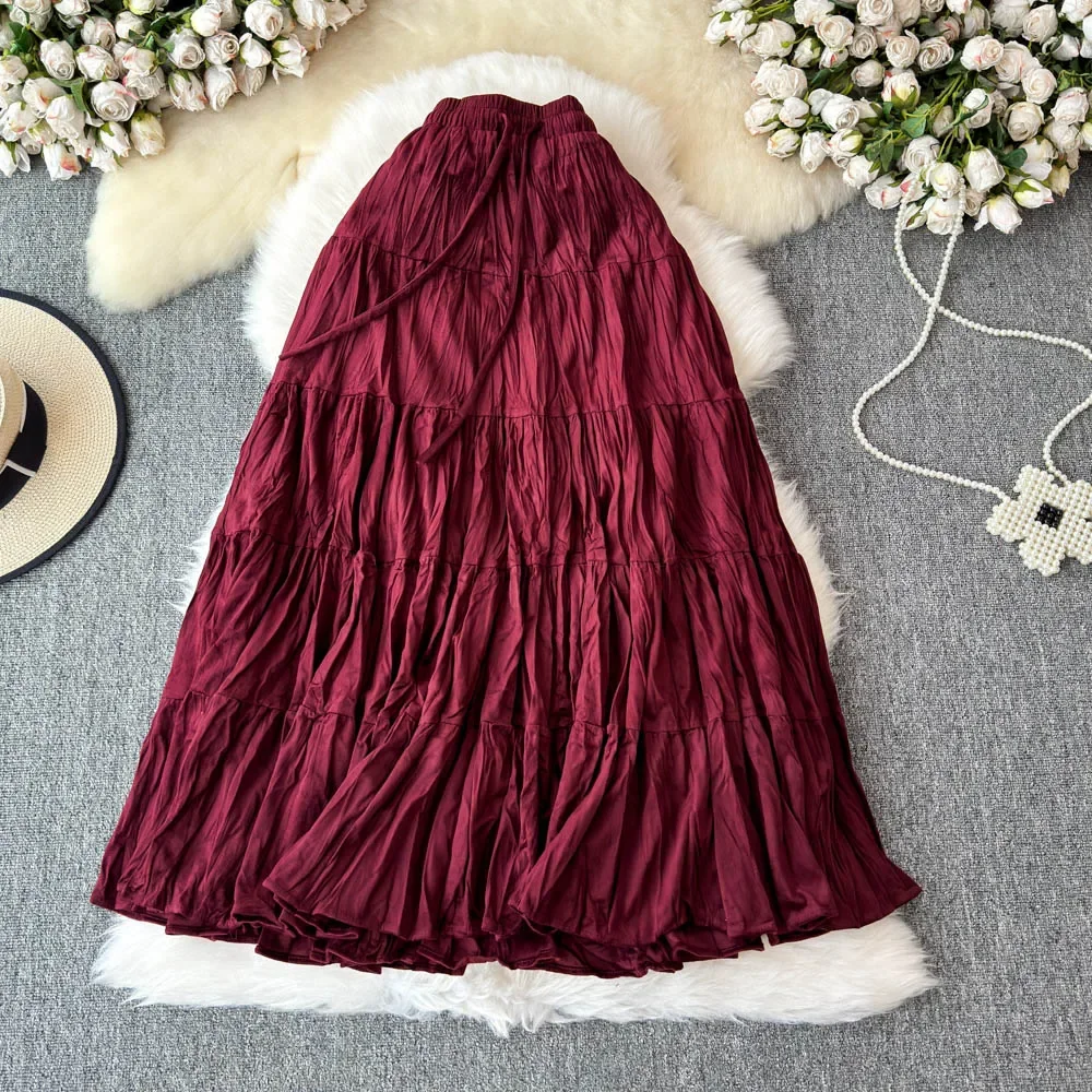 Casual Draw String Lace-up Vintage High Waist Chic Slim A-line Pleated Skirt French Fashion High Street Autumn Winter Clothing