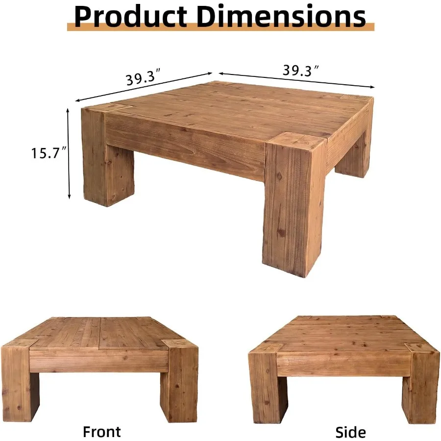 Rustic Wooden Coffee Table for Living Room, Big Square Coffee Table in Natural Brown with Distressed Finish and Sturdy Solid Wo