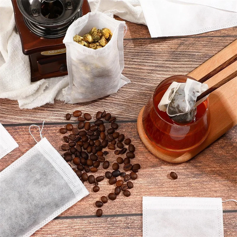 Bolsas de filtro de té desechables, bolsa de té de tela no tejida con cordón, papel de filtro de cocina para café, hierba, té suelto, 100 Uds.