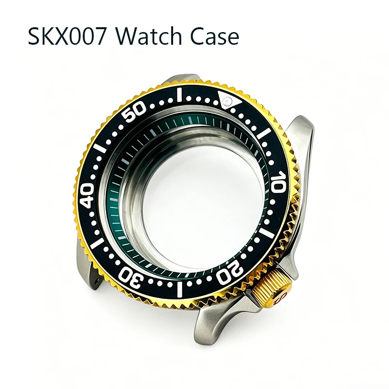 

SKX007 Silver Watch Cases Gold Knurled Bezel Green Luminous Bezel Insert Fit Seiko SKX007 SRPD NH35 NH36 Movements Watch Case