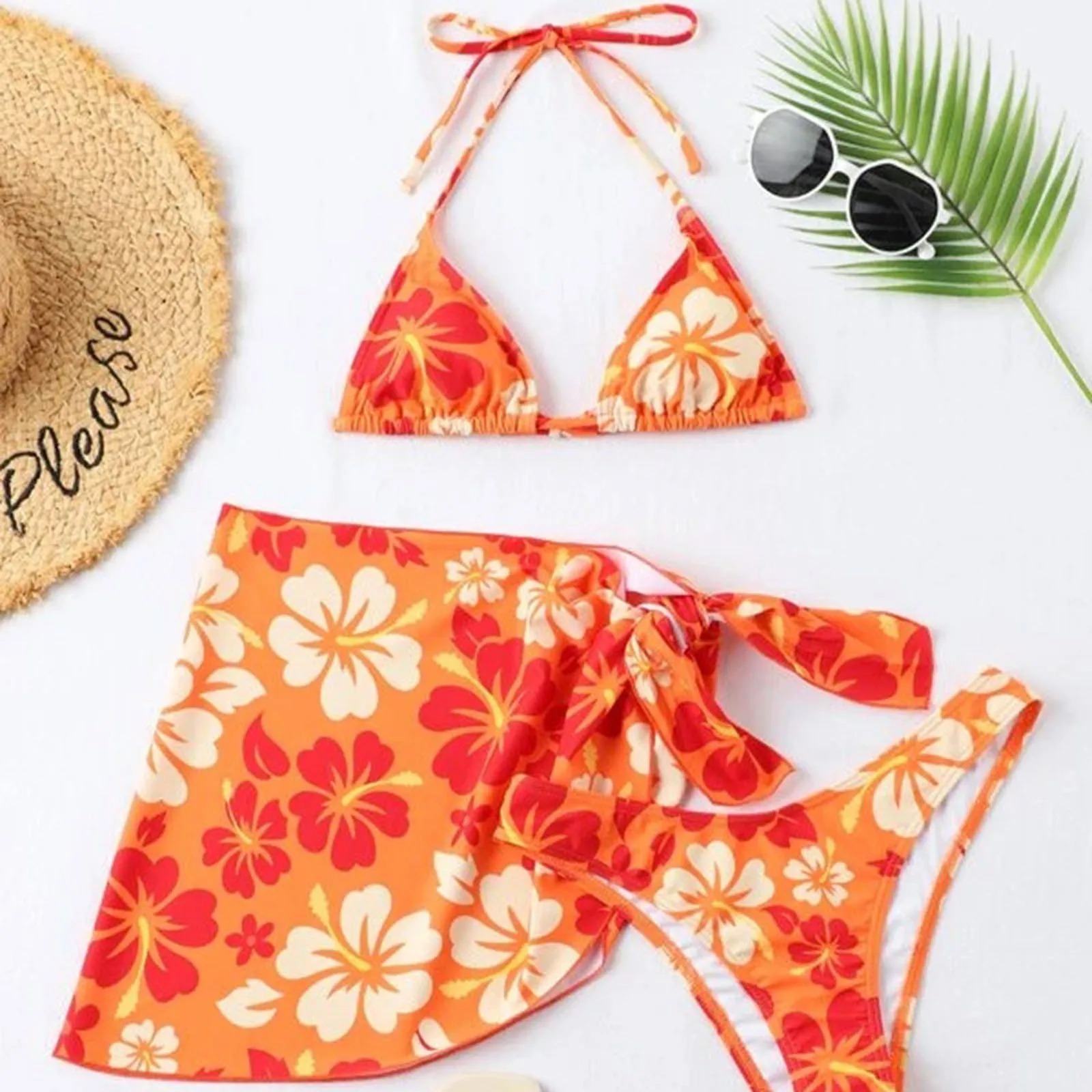 Push-Up Bathing Suits For Girls Swimsuit Bandeau Beachwear Bandage Set Bikini Sets Swimwear With Skirts Cover Up Orange Color