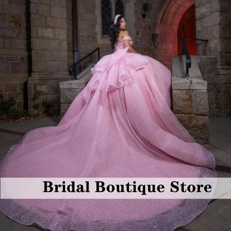 Customized Shiny Pink Quinceanera Dresses Off the Shoulder crystal applique layering Bow Long tail Vestido De 15 Quinceanera