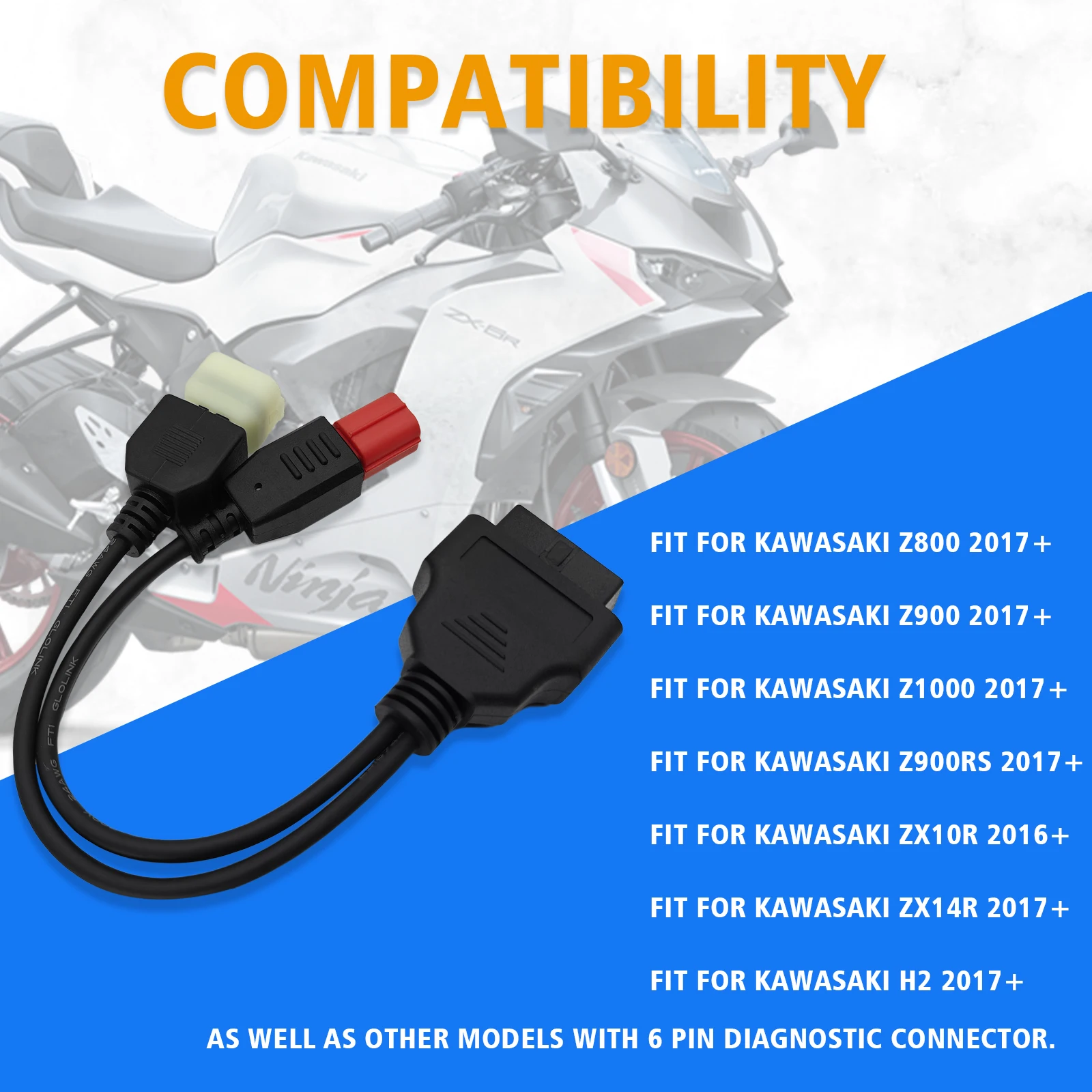 6 Pin Motorcycle OBD Connector for Honda for Kawasaki Z/ZX Series 2 In 1 Motorbike 16 Pin OBDII Diagnostic Tool Adapter Cable