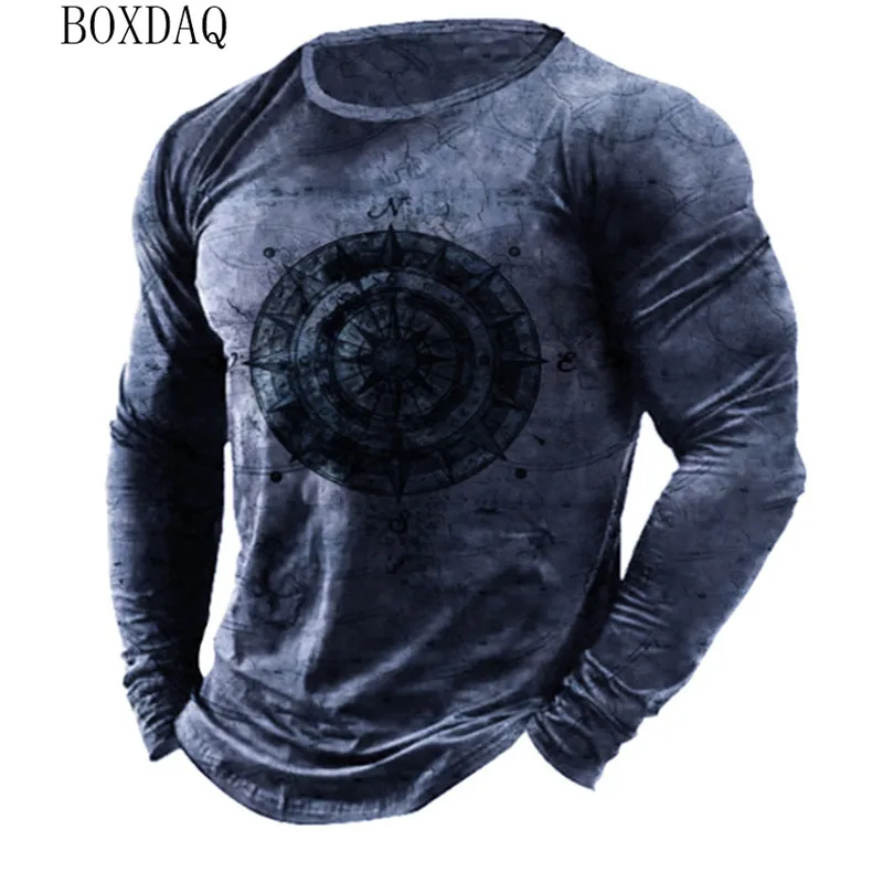Spring Autumn Long Sleeve Vintage Pattern T-shirts Loose Causal Round-Neck Oversized Tops 3D Print Gothic Male Tee Plus Size 6XL