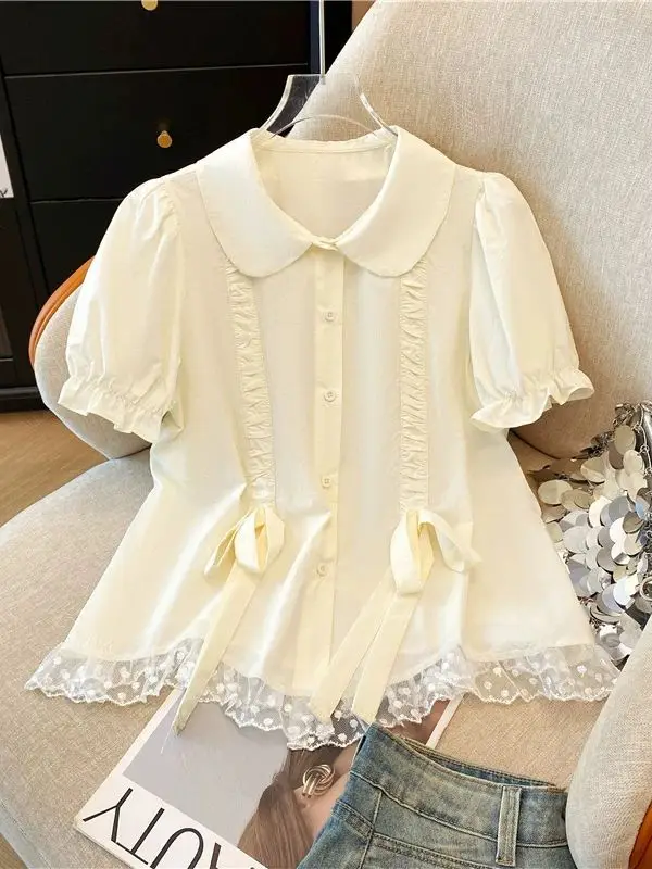 

plus Size Women's ort Sve irt Korean Sle Loose Fit Button up Pure Color Doll Dr Lace Hem Bell Sve Top
