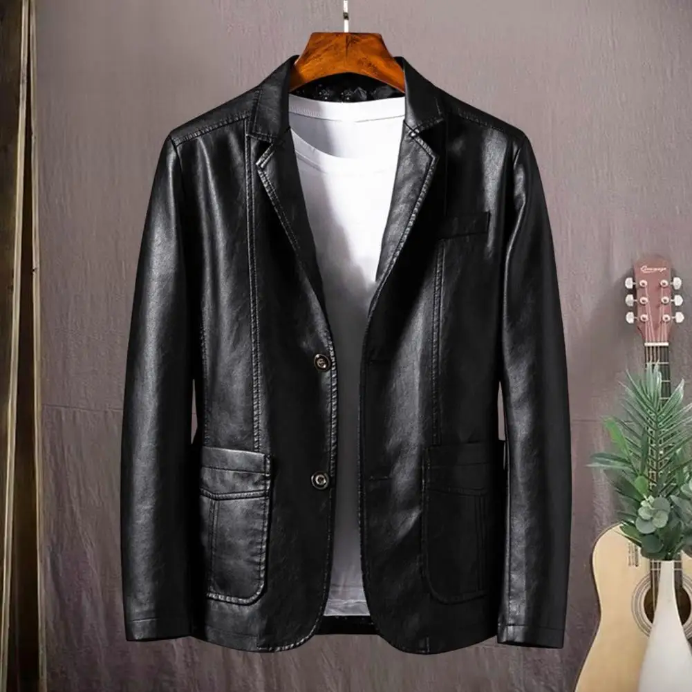 2025 Men\'s Leather Jackets Lapel Business Leather Jackets Men Pu Blazers Korean Style Slim Fashion Leather Coat
