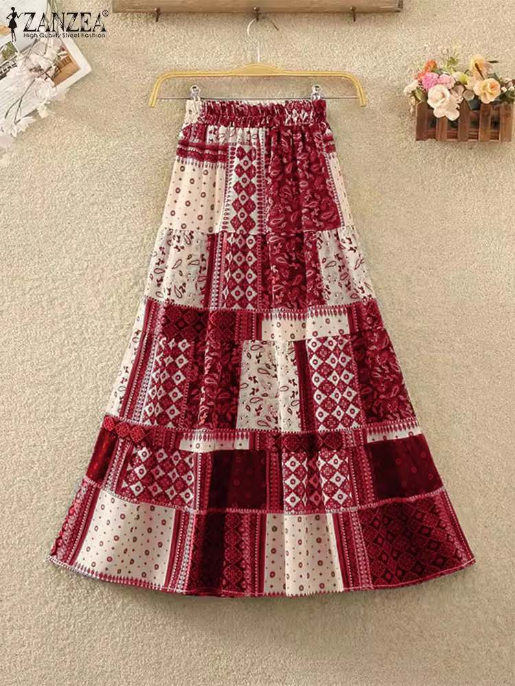 

ZANZEA Elastic Waist Printing Swing Skirt SummerHoliday Bohemians Women Jupe 2024 Vintage Loose Faldas Retro A-line Long Skirts