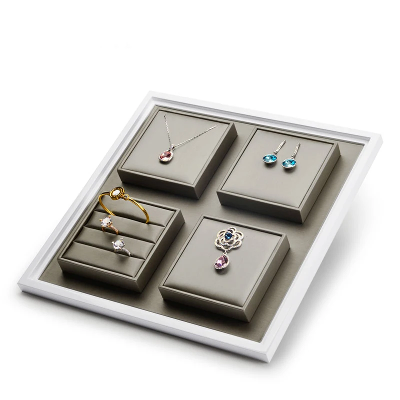 Oirlv PU Leather Jewelry Display Tray with Solid Wood Ring Necklace Bangle Earring Display Stand Organizer Showcase
