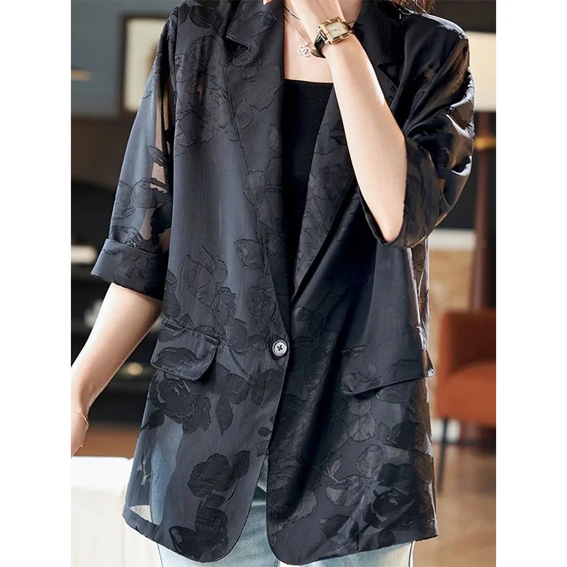 Retro Floral Embroidery Women's Long Casual Loose Lightweight Summer Spring Sun Protection Suit Jacket plus Size Outerwear