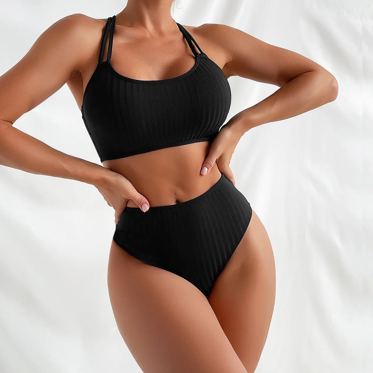 

2024, новый сексуальный купальник бикини с высокой талией и полым вырезом в полоску