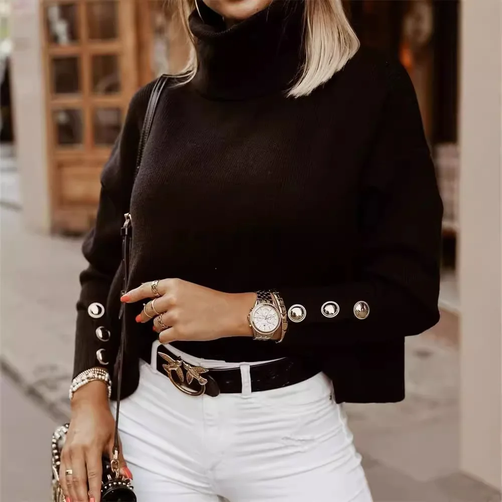 

2025 Winter New Turtleneck Cuffs Button Pullover Solid Color Turtleneck European and American Sweater Women's Knitted Sweater